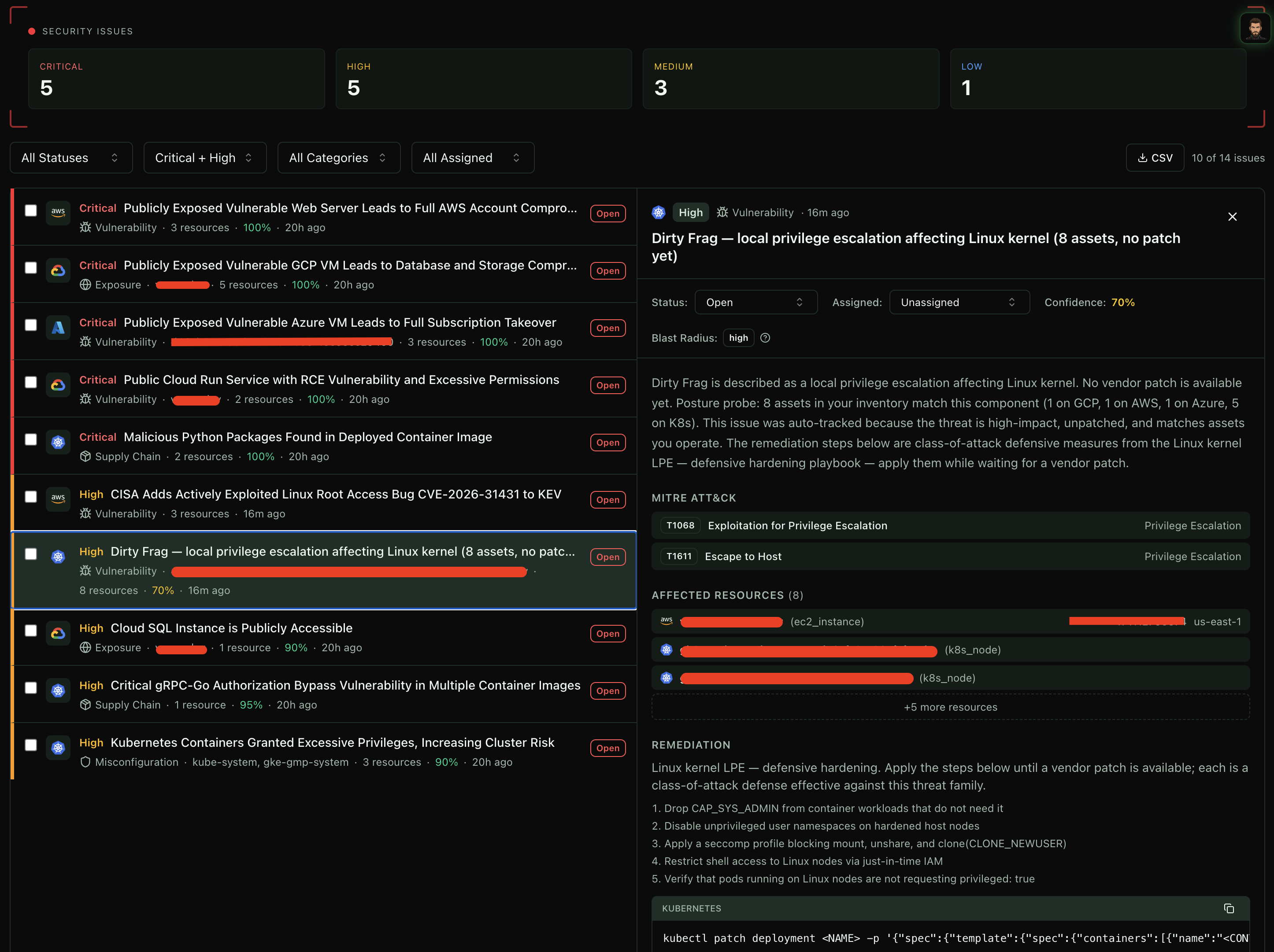 Issues page showing a critical exposure with step-by-step remediation, affected resources, and MITRE ATT&CK mapping